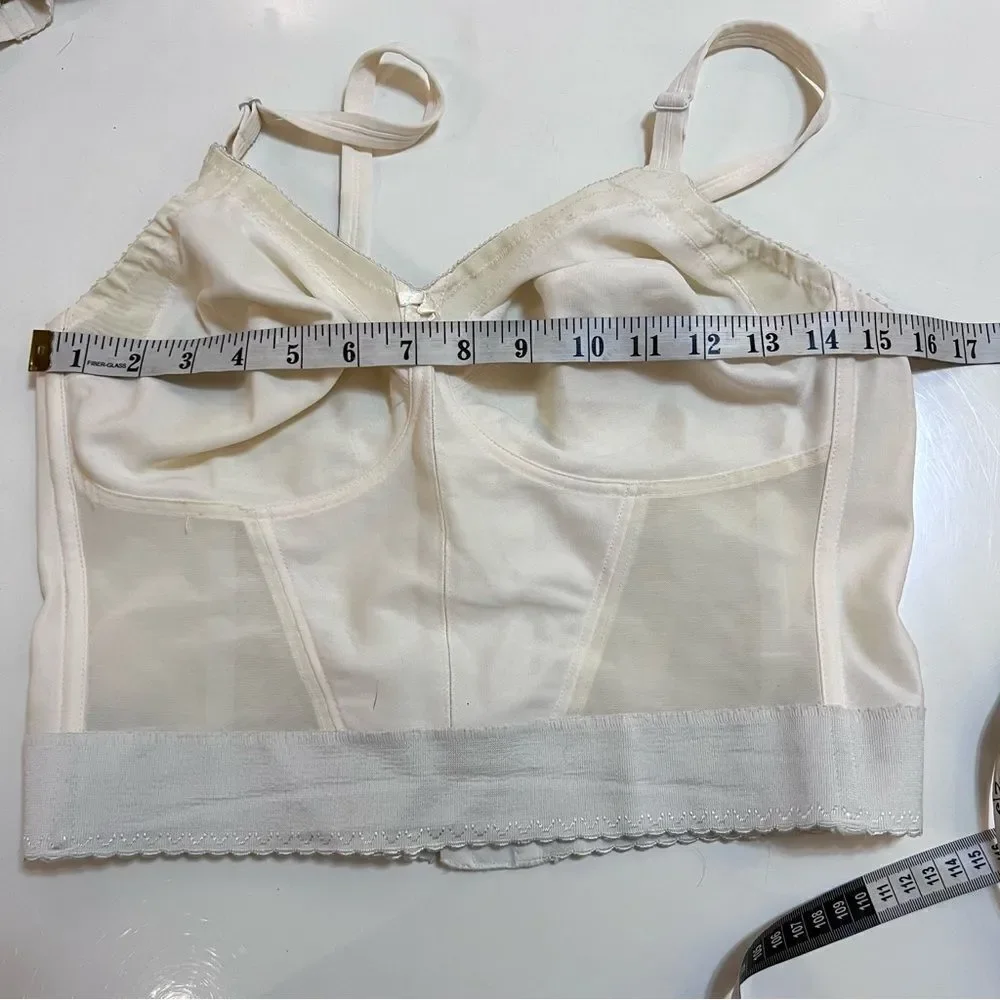Vintage 1960s / 1970s Ivory Mesh Panel Long Line Soft Cup Bra Corset Bustier